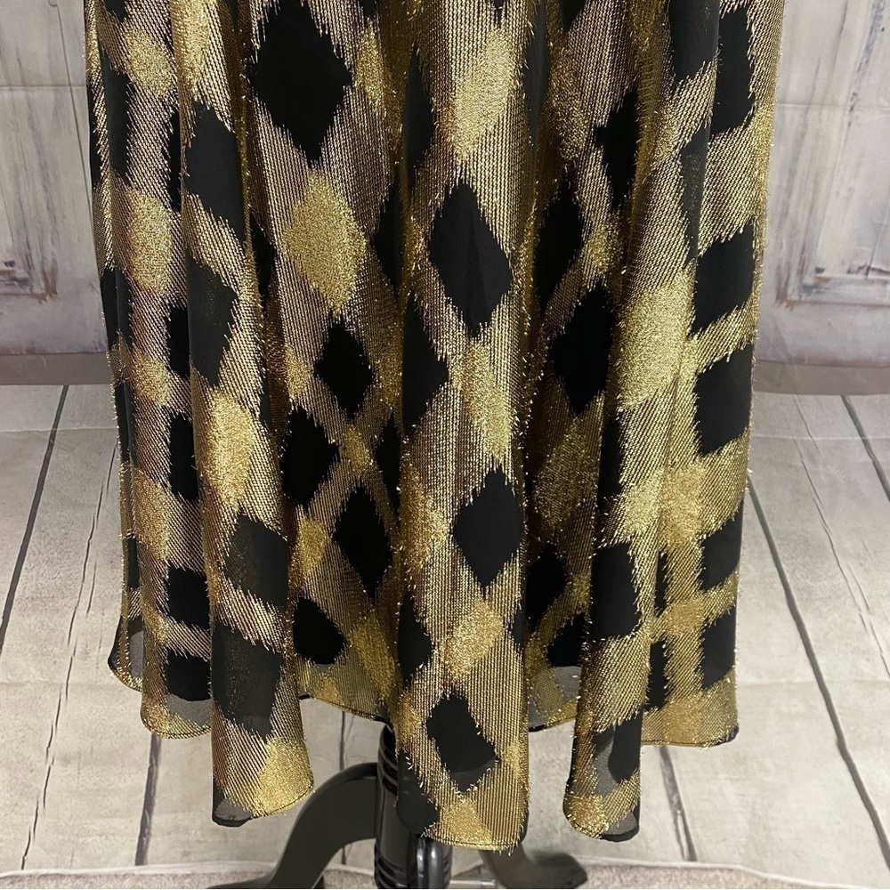 Maggy London Size 4 Metallic Gold Black Plaid Cross Over Halter Dress Fit Flare - Picture 5 of 13